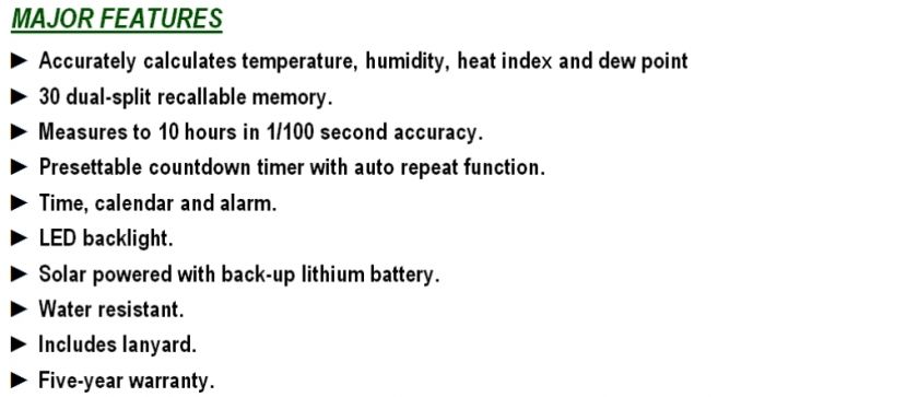   Heat Index, Temperature, Humidity, Dew Point, Solar Powered Stopwatch