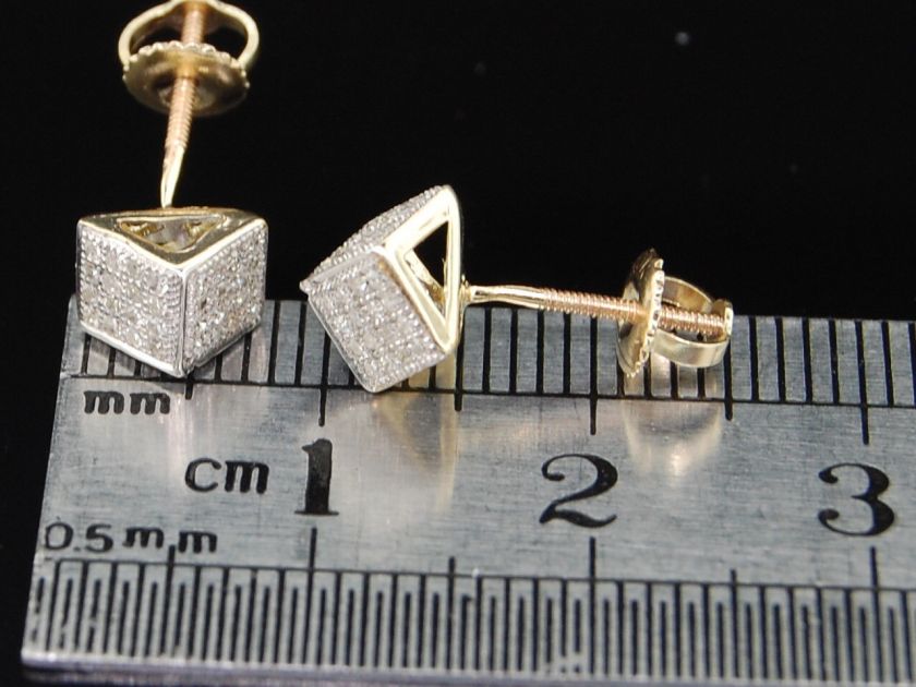 MENS LADIES YELLOW GOLD DIAMOND 3D CUBE STUD EARRINGS  