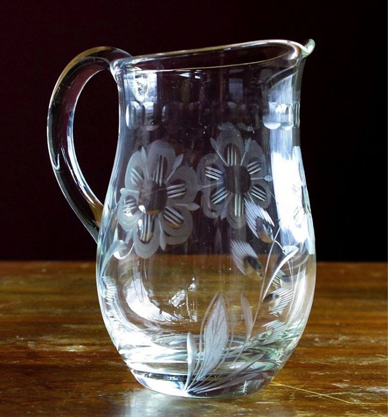 Vintage Depression Blown Clear Glass Small Creamer Pitcher Etched 