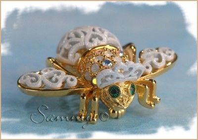 JOAN RIVERS GOLD/OPAL CRYSTAL WHITE LACE BRIDE BEE BUG PIN  