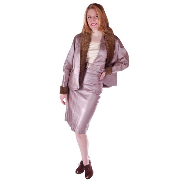 Vintage Mauve Metallic Leather Suit Pencil Skirt 4 Pc 1950S  