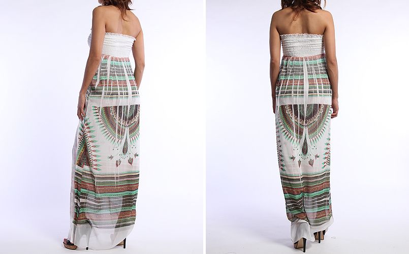 MOGAN Boho Tribal Print Chiffon MAXI LONG DRESS Strapless Smocked Tube 