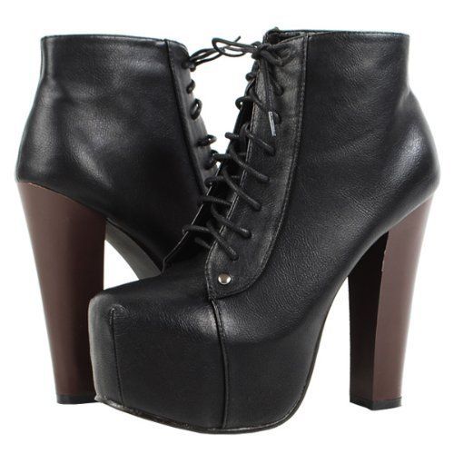   Black Thick Chunky Platform High Wood Heel Lace Up Winter Ankle Bootie