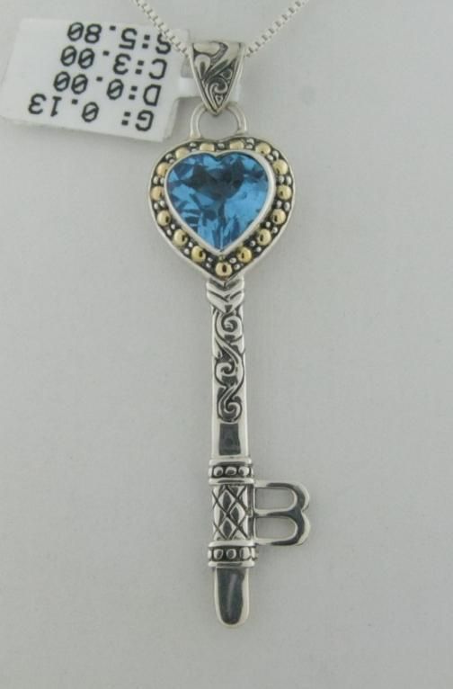 NEW DESIGNER SAMUEL B SS/18K BLUE TOPAZ KEY PENDANT  