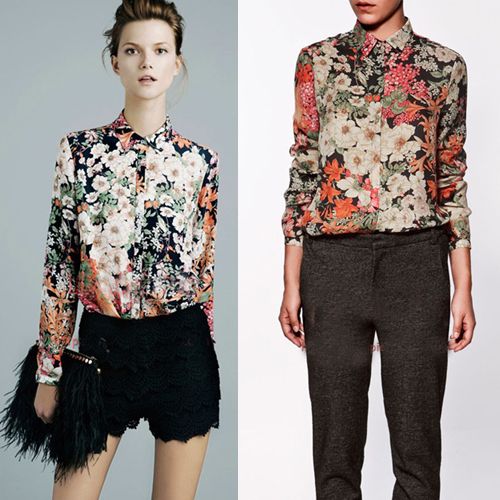 Fashion New 2012 Spring Zara Women Vintage Chiffon Floral Print Shirt 