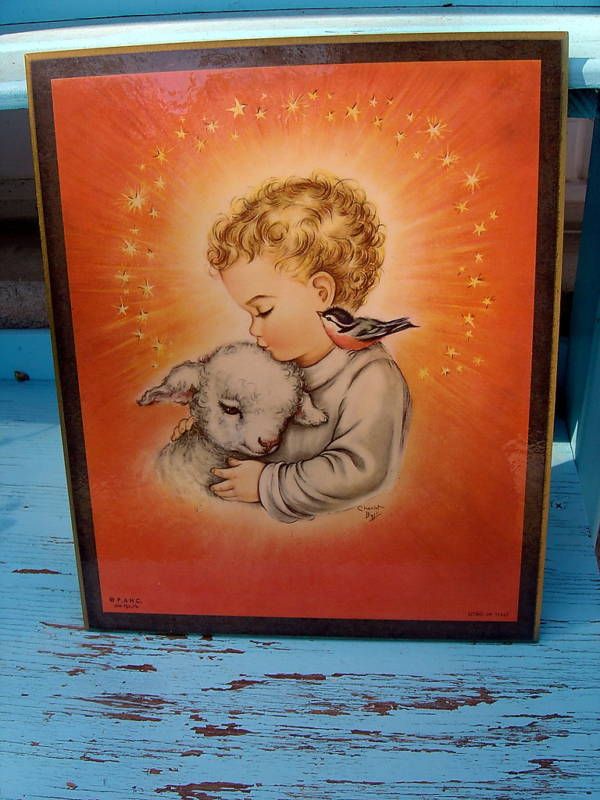 vtg 1958 CHARLOT BYI BYJ LITHO PLAQUE PRINT JESUS LAMB  