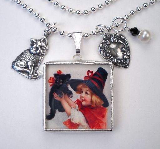 HALLOWEEN WITCH & BLACK CAT VINTAGE POSTCARD NECKLACE  