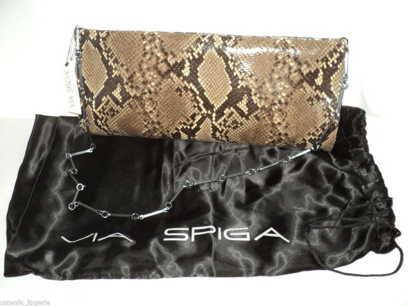 VIA Spiga Brown Python Print Snake Leather Shoulder Clutch Handbag NWT 