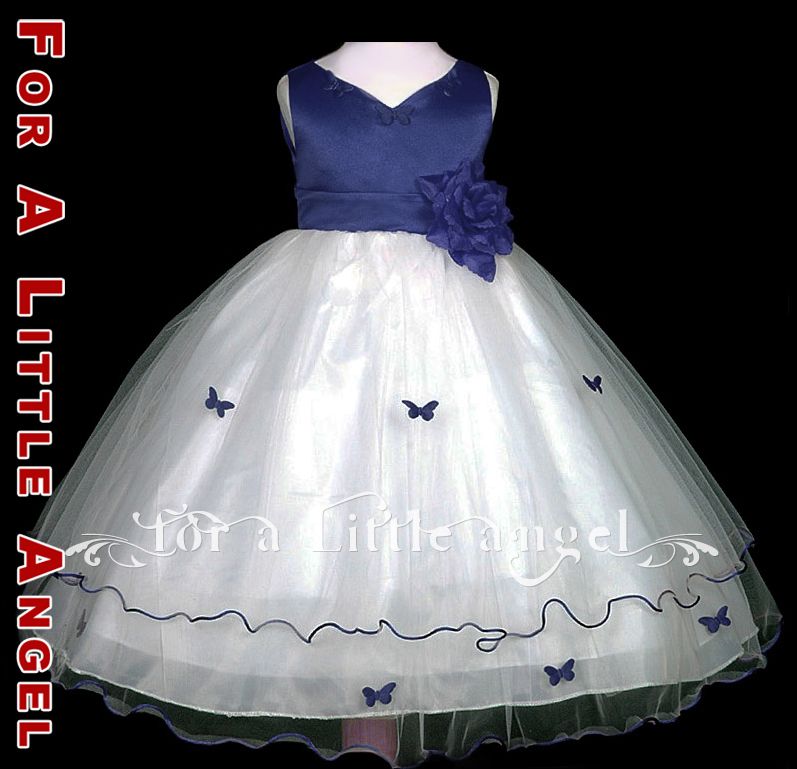 Navy Rose Butterfly Flower Girl Dress sz S M 2 4 6 8 10  