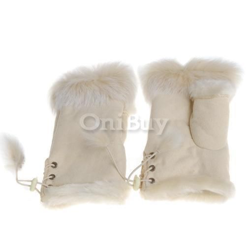 Hand Wrist Warmer Fingerless Gloves Rabbit Fur Beige  