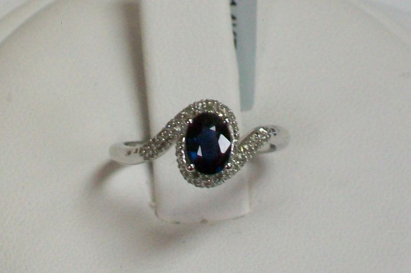   New 14K White Gold Natural Blue Sapphire and Diamond Pave Swirl Ring