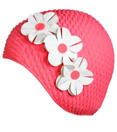 Bubble Crepe Cap with Flowers Swim Cap (Black)  