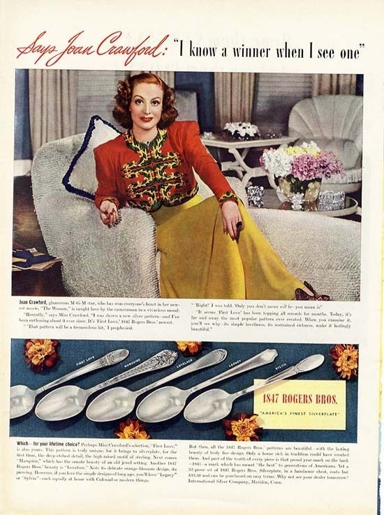 JOAN CRAWFORD Endorsing 1847 ROGERS SILVERWARE in 1939 AD  