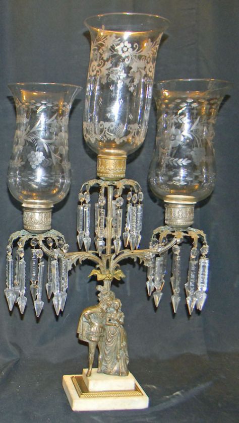 ANTIQUE ROMEO JULIET BRASS GIRANDOLE CANDELABRA SHADES  