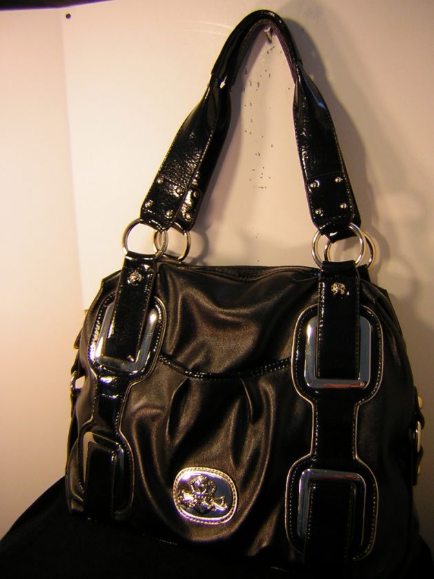 KATHY BLACK LEATHER/PATENT LEATHER SHOULDER HAND BAG  