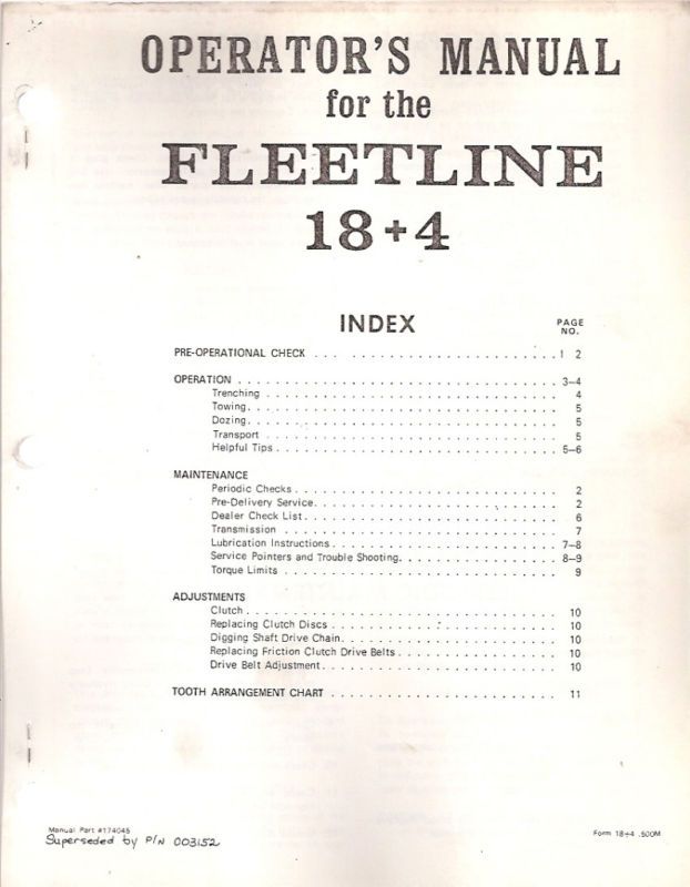 Davis Fleetline 18+4 Trencher Owners & Parts Manual  