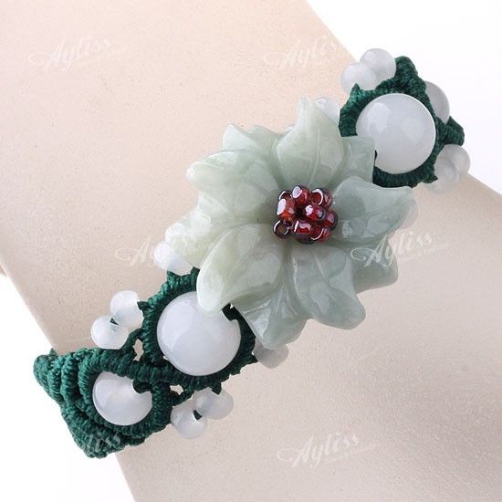 FLOWER JADE GREEN HAND KNITTED ADJUSTABLE BRACELET BEAD  