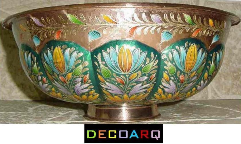 RARE VESSEL GREEN & GOLDEN PAINTED TOP COUNTER BATHROOM COPPER SINK 