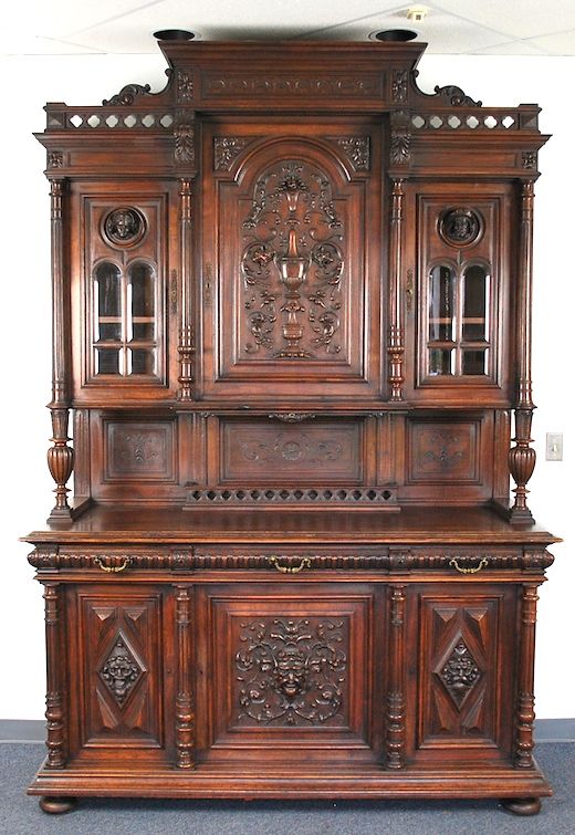 LARGE WALNUT HENRY II GOTHIC ANTIQUE FRENCH CABINET  