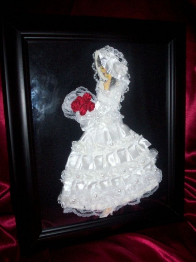 Vintage Like BRIDE Framed Ribbon Doll Art Paper Picture  