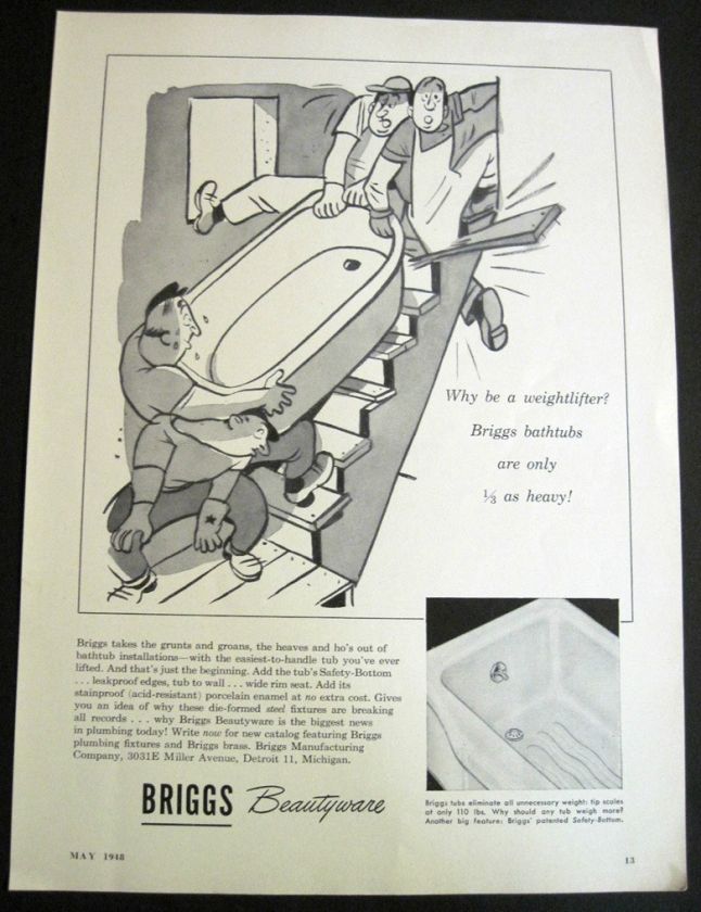   Briggs Mfg, Detroit, Beautyware Bathtubs Illustrated 40s Print Ad