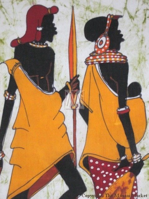 African Kenya Handmade Tribal Batik Art Maasai Family Warrior Mother 