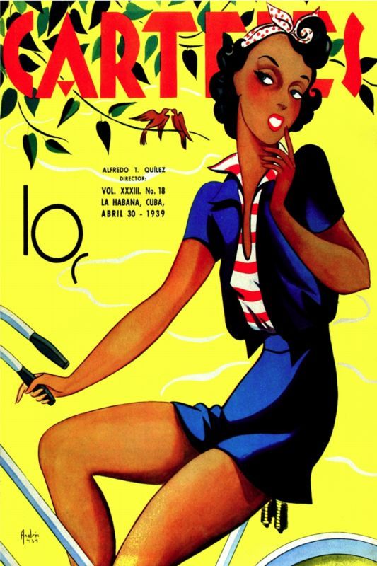 139.Cuban fashion posterPinup in Vintage BicycleDeco  