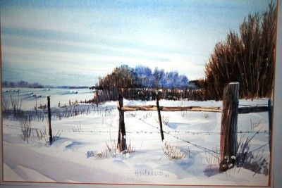   WATERCOLOUR H. N. BAILLOD PASTURE BARB WIRE FENCE WINTER 83 WATERCOLOR