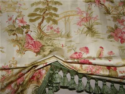   Balloon SHADE Valance Oriental Toile Fabric Pink Green Tassel Trim