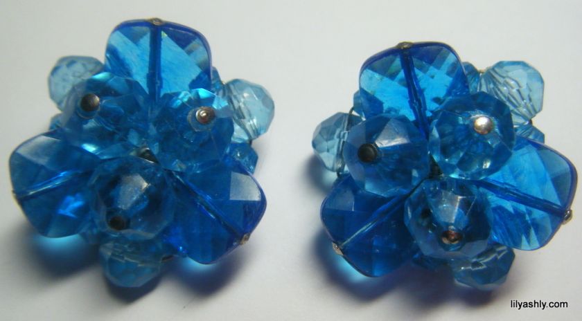 Vintage WEST GERMAN Blue Lucite CLip on EARRINGS Retro  