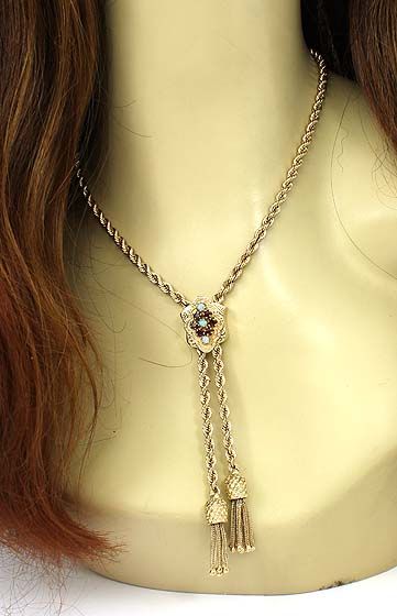 VINTAGE 14K GOLD & GEMS LARIAT STYLE LADIES NECKLACE  