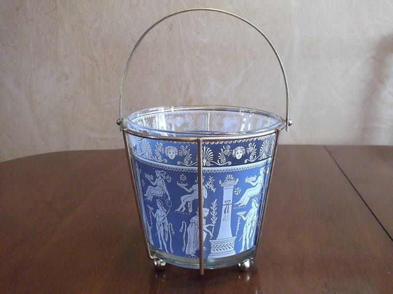 JEANNETTE GLASS HELLENIC BLUE ICE BUCKET BRASS CARRIER  