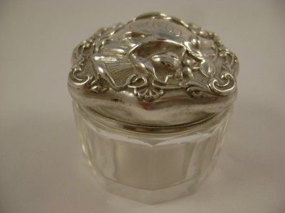   ART NOUVEAU VANITY GLASS JAR WITH STERLING SILVER LID #150  