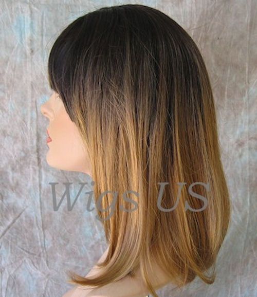   bangs beveled face frame layers Nutmeg dark roots wig US Seller  