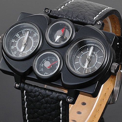   Black Mens Quartz Military Sport Watch Dual Times leather strap Gift