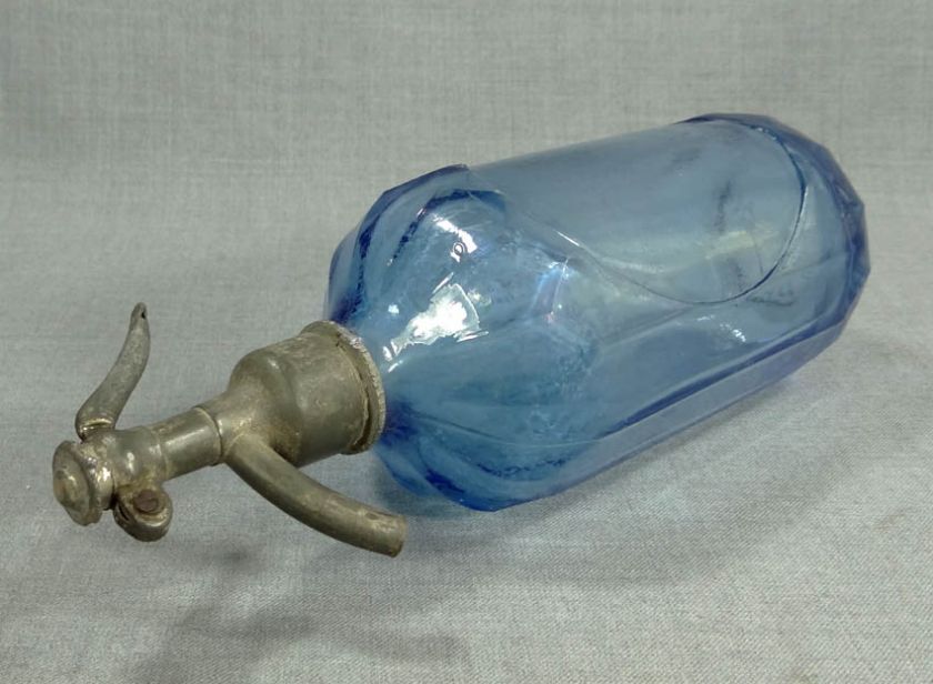 ANTIQUE BLUE GLASS SODA SIPHON SYPHON SELTZER 12 SIDED BOTTLE PEWTER 