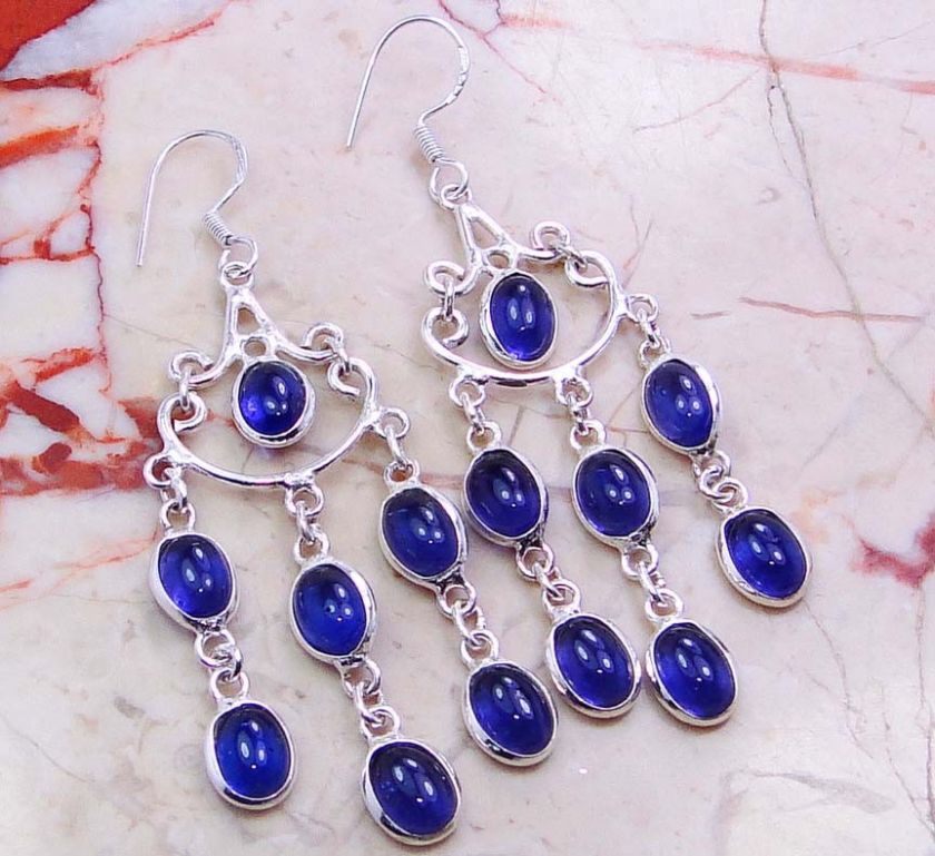 BLUE QUARTZ & 925 SILVER HOOK EARRINGS 60mm; (X7340)  